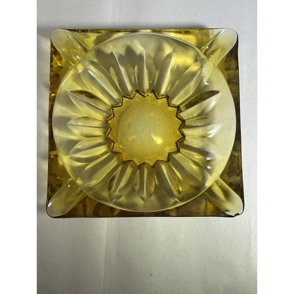 VTG Anchor Hocking MCM Square Amber Heavy Glass Ashtray SET 6.5 Inch Square